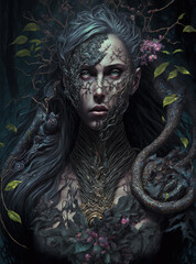 Poster - Dark fantasy, lone elf, dark forest, horror, demons. Generative AI