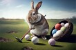 Created with Generative AI technology. Golf Easter Holiday with Rabbit. Happy Easter for golfer concept.