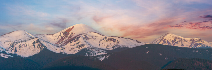 Wall Mural - sunrise landscape in spring carpathian mountains, ukraine, europe. high-resolution extra wide panora