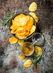 Canvas Print - Potato chips with French mustard and rosemary.