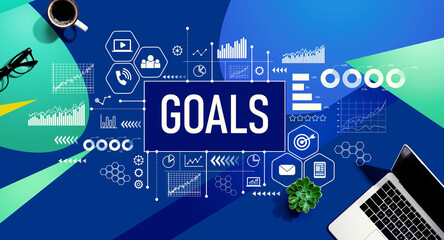 Aufkleber - Goals with a laptop computer on a blue and green pattern background