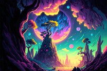 Vibrant And Chaotic Alien World With Swirling Neon Gas Storms. Kaleidoscope Of Colors. Massive, Otherworldly Forests Made Up Of Crystalline Trees That Gleam In The Multihued Light. Generative AI.