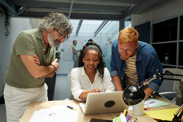 In the Modern Office: Diverse Group of Colleagues Have Meeting, Develop Strategy, Discuss Project Progress, Customer Experience Management also. Business people Talking about the work