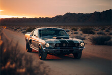Ford Mustang Shelby GT500, American Muscle Car, In The Desert At Sunset