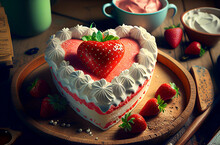 Delicious Valentine's Sweet Gift, Strawberry Cake With Cream, Heart Shape And Home Table Illustration. Generative AI