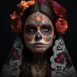 Dia de los muertos, Mexican holiday of the dead and halloween. Woman with sugar skull make up and flowers. This image is generated with generative AI