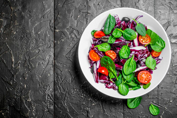 Sticker - Vegetable salad. Red cabbage, tomato and spinach salad with olive oil.