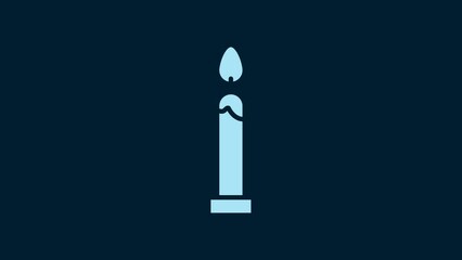 Sticker - White Burning candle icon isolated on blue background. Cylindrical candle stick with burning flame. 4K Video motion graphic animation