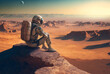an astronaut sits on a rock on another planet in a desert with mountains. Generative AI