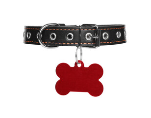 Wall Mural - Black leather dog collar with bone shaped tag isolated on white