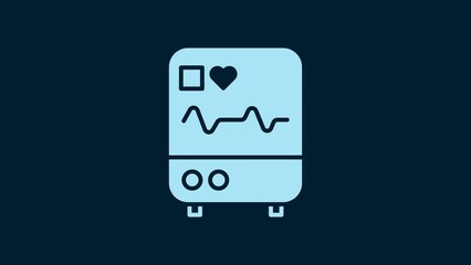 Sticker - White Computer monitor with cardiogram icon isolated on blue background. Monitoring icon. ECG monitor with heart beat hand drawn. 4K Video motion graphic animation