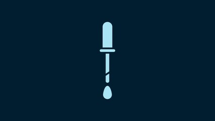 Poster - White Pipette icon isolated on blue background. Element of medical, chemistry lab equipment. Pipette with drop. Medicine symbol. 4K Video motion graphic animation