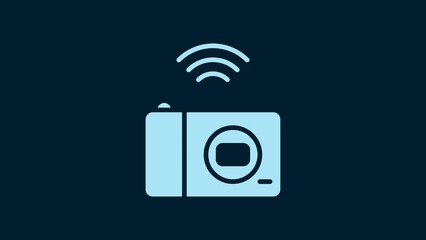 Sticker - White Smart photo camera system icon isolated on blue background. Internet of things concept with wireless connection. 4K Video motion graphic animation