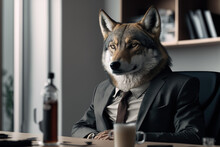 Portrait Of A Wolf In A Business Suit At The Office, Generative Ai