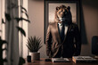 Leinwandbild Motiv a lion in a business suit at the office, generative ai