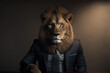 a lion in a business suit at the office, generative ai