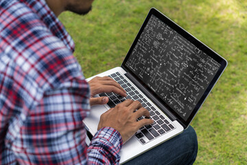 Poster - Mathematic equations and modish formula on computer screen showing concept of science and education
