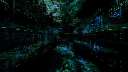 Wall Mural - Flying movement at digital space sci fi tunnel with hi tech information 