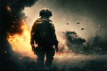 Soldier In Foggy, Dirty War Around Explosions And Tanks Created With Generative Ai Technology 