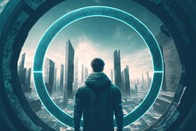 Man Staying Near The Giant Mystic Ring. Man In The Dystopian City Standing On Building Looking At The Distant Light Circles, Digital Art Style, Illustration Painting