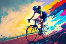 Young Man Riding A Bicycle With A Colorful Energy, A Cyclist Rushes Along The Road On A Sports Bike, Leaving A Colorful Trail Behind Him. Digital Art Style, Illustration Painting.