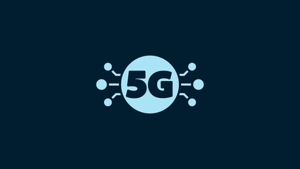 Sticker - White 5G new wireless internet wifi connection icon isolated on blue background. Global network high speed connection data rate technology. 4K Video motion graphic animation