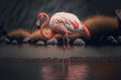 Flamingo standing on tropical background, ai generative illustration.
