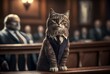 cat in a suit and tie, standing in a courtroom (AI Generated)