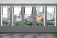 Downtown Nashville City Skyline Buildings From High Rise Window. Beautiful Expensive Real Estate Overlooking. Epmty Room Interior Skyscrapers View Cityscape. Day Time Tennessee. 3d Rendering.