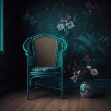 Cyan Floral Wallpaper, Empty Room, Rattan Boho Chair, Wood Floor, AI Assisted Finalized In Photoshop By Me 