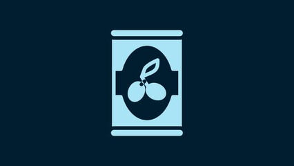 Sticker - White Olives in can icon isolated on blue background. Concept of canned food. 4K Video motion graphic animation