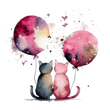 Two Cat Sit Side By Side, Watercolor Card For Template. Illustration With Kittens And Balloon. Valentine. Anniversary. Wedding Invitation.