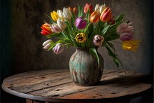  A Vase Of Flowers Sitting On A Table With A Wooden Table Top In The Background And A Dark Wall Behind It, With A Faded Wooden Table And Round Table With A Wooden Surface,.