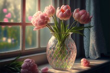  A Vase Of Pink Flowers Sitting On A Window Sill Next To A Window Sill With A Pink Rose In It And A Pink Rose In The Vase Next To The Window Sill. Generative AI