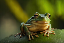 Illustration Of A Green Frog In Front Of Nature Background. Generative Ai