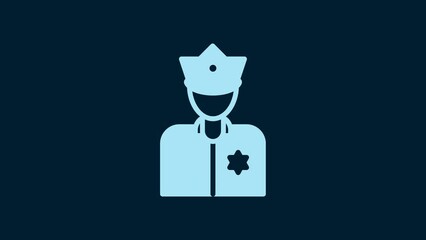 Sticker - White Police officer icon isolated on blue background. 4K Video motion graphic animation