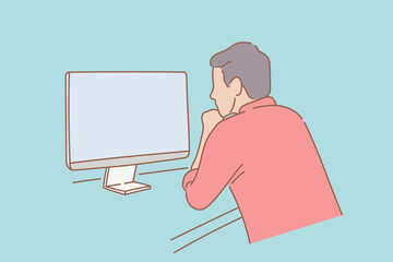 Fototapete - businessman analyze data on computer screen template with outline or line and clean simple people style