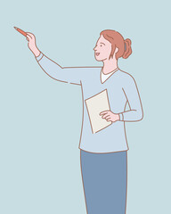 Poster - woman teaching something with book on hand with outline or line and clean simple people style