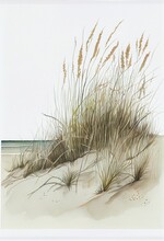 Coastal Sand Dune, Sea Grass, Beach Waves Overcast, Ocean, Generative Ai