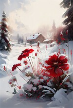 Red Flowers On The Homestead Garden Snow, Generative Ai