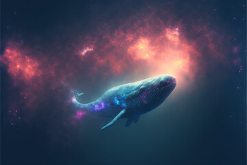  Whale in space floating, Whale outer space travel concept, whale flying in the beautiful sky, Generative AI.
