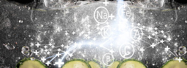 Wall Mural - Water drops on ripe cucumber. Fresh vegetables background with copy space for your text. Vegan concept.