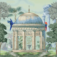 Roman, Greek Temple Garden And Macaw Birds Vector Pattern For Wallpaper