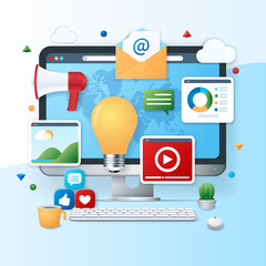 Poster - Content marketing banner. Computer with content icons on the screen. Business concept. Web vector illustration in 3D style