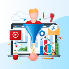 Poster - conversion rate optimization banner. laptop with content icons on the screen. practice of increasing