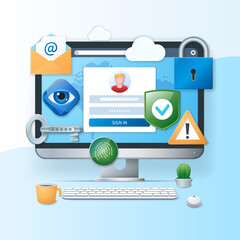 Aufkleber - Cyber security banner. Computer with login window icon on the screen. Security concept. Web vector illustration in 3D style