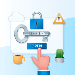 Login window banner. Hand push button, key and lock icons. Personal data security concept. Web vector illustrations in 3D style