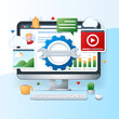 © Genestro - Website optimization banner. Computer with spanner icon on the screen. Business concept. Web vector illustration in 3D style