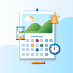 Poster - Time management concept. Calendar, bell and clocks icons. Web vector illustration in 3D style