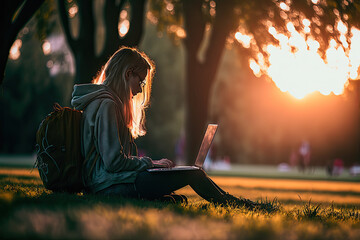 Generative Illustration of a young woman working with the laptop at sunset sitting on the grass of a park in the golden hour